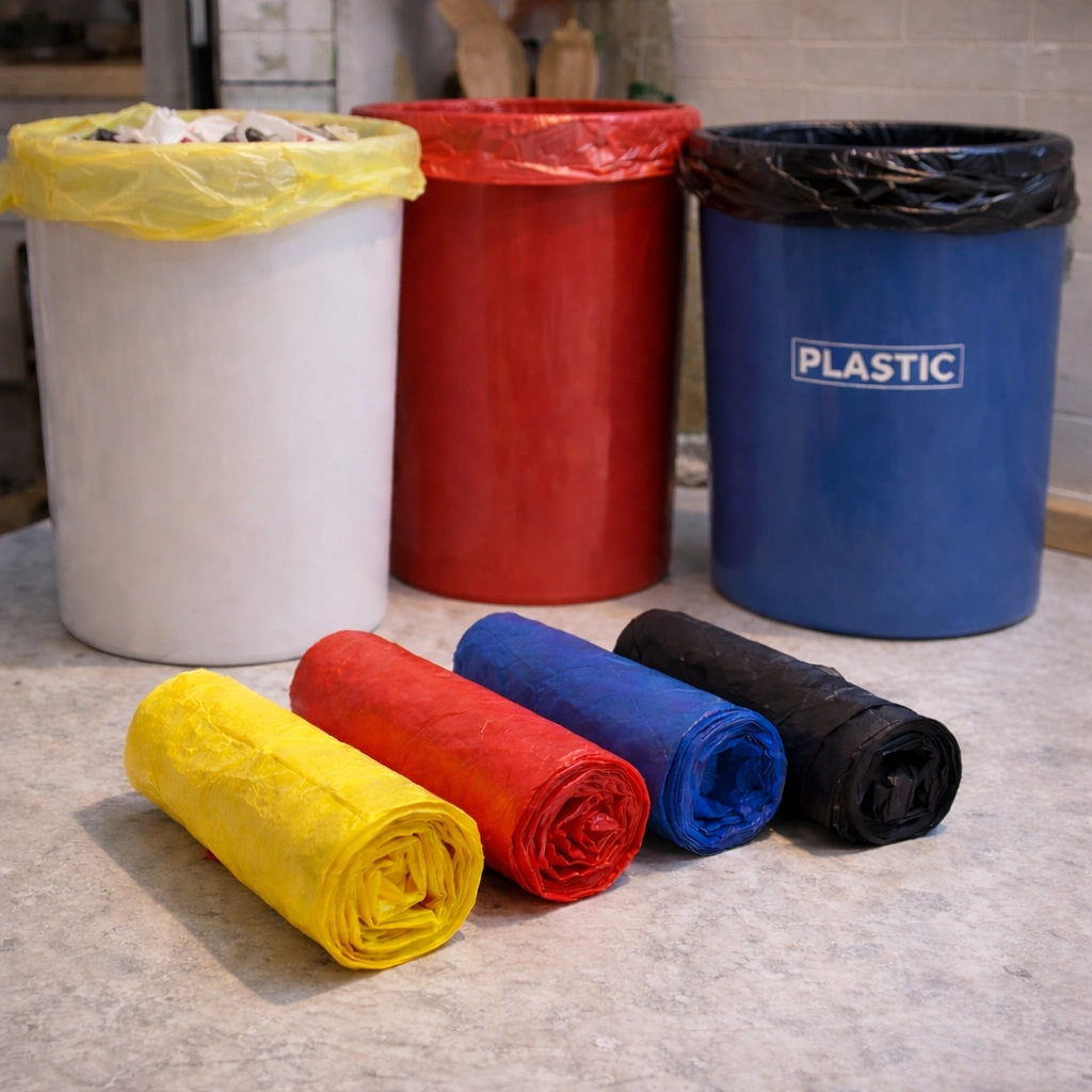 Pungi menajere cu mânere, multicolor, 40 L / 20 buc. (galbene, roșii, albastre, negre)